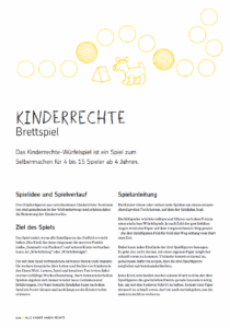 Deckblatt mit Anleitung und Illustrationen für ein Brettspiel über Kinderrechte.