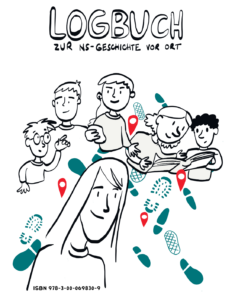 Illustration von jungen Menschen, die auf etwas zeigen, in ein Buch schauen, etwas hören, dazwischen Wegmarken, Abdrücke von Fußspuren, darüber der Text Logbuch zur NS-Geschichte vor Ort,