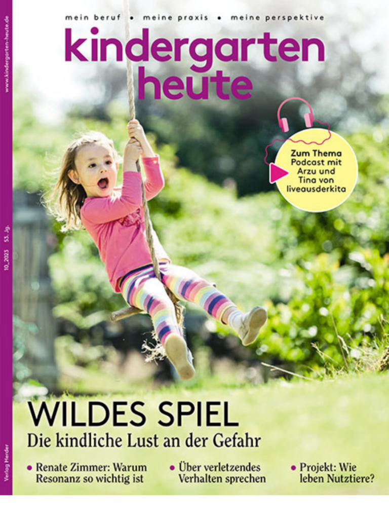 Magazin-Cover mit Titel, Artikelteasern und Foto von einem Kind, das auf einem Seil schwingt.