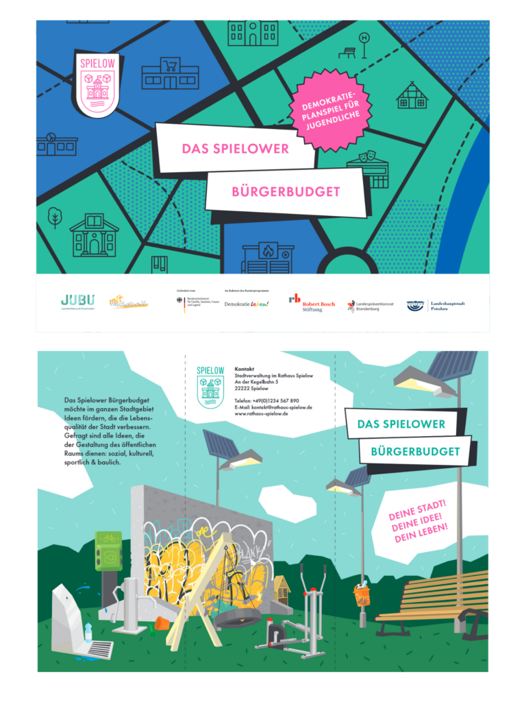 Cover des Druckbogens mit Logos und angedeuteter Landkarte als Illustration sowie eine Seite mit Illustrationen von möglichen Ausgaben für das Jugend-Budget.