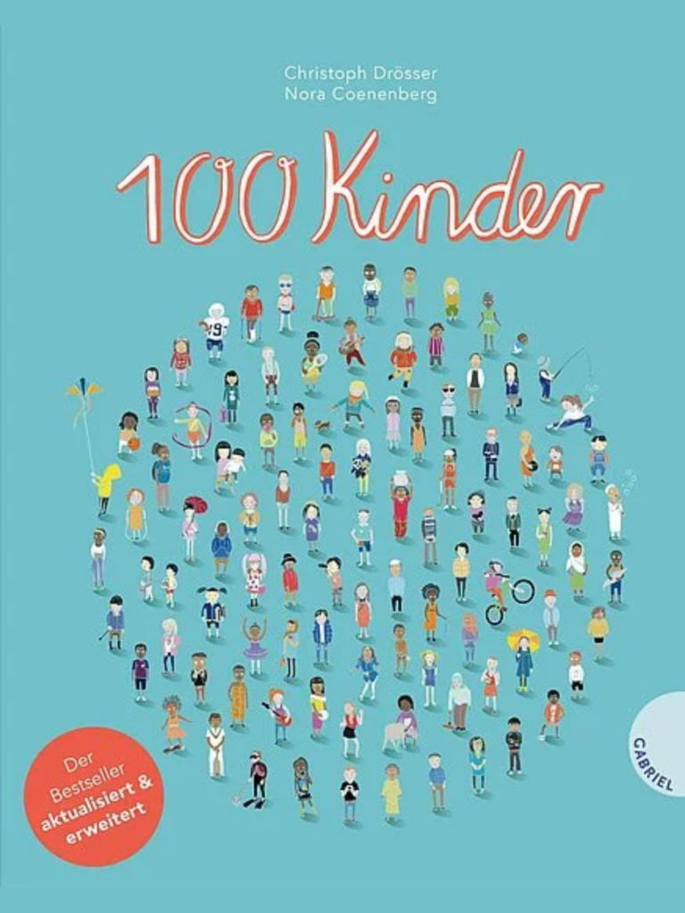 Buchcover mit dem Titel 100 Kinder und Logo und Illustrationen von 100 Kindern, die in einem Kreis angeordnet sind.
