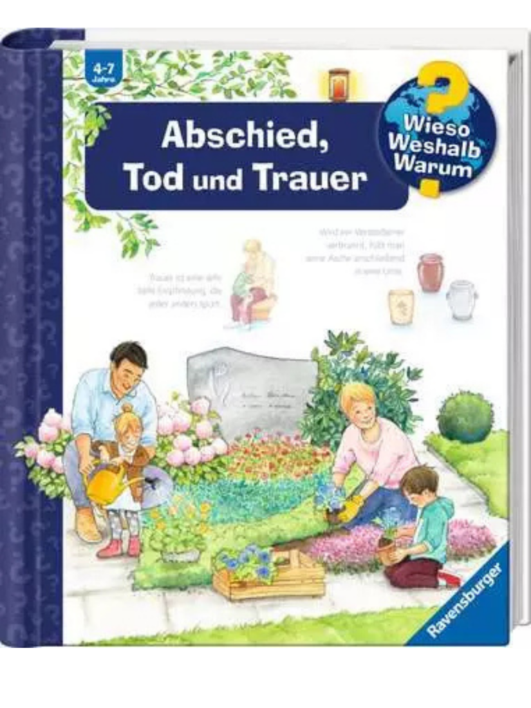 Buchcover mit Titel und Verlag und einer Zeichnung einer Familie, die an einem Grab ist und Blumen einpflanzt und gießt.