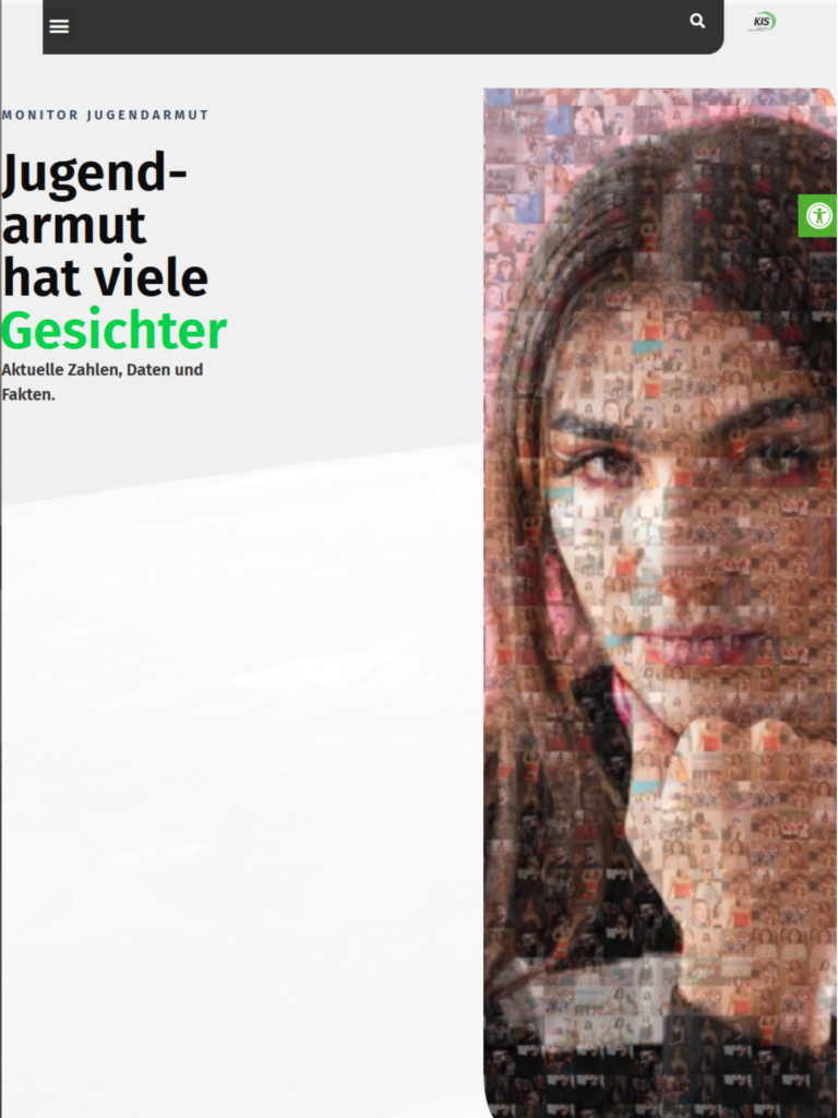 Screenshot mit Logos, der Überschrift Jugendarmut hat viele Gesichter und einem Porträtfoto eines jungen Menschen, das aus Porträts anderer junger Menschen zusammengesetzt ist.