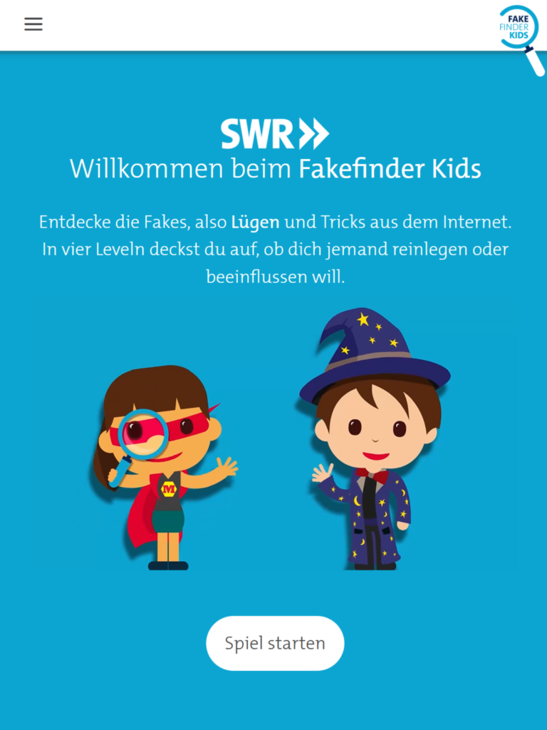 Screenshot mit Logos und Illustrationen von zwei kindlichen Figuren, die Superhelden- und Zaubererkostüme tragen.