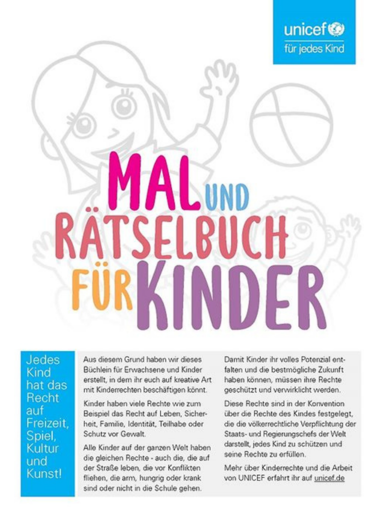 Malbuchcover mit bunter Schrift und Logos und Illustrationen von winkenden Kindern, die mit einem Ball spielen.