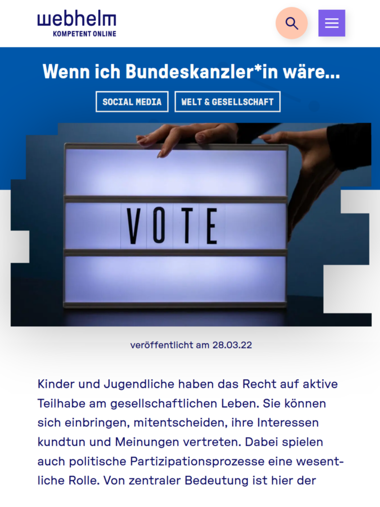 Screenshot einer Website mit Logo, Navigation und einem Beitragsfoto mit einer Leuchttafel, auf der Vote steht.