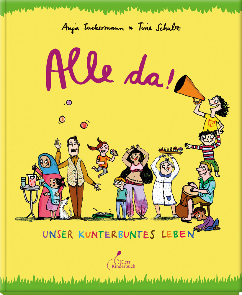 Kinder und Erwachsene tanzen, spielen, essen und sagen etwas durch ein Megafon.