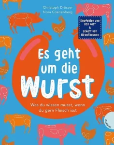 Eine große Fleischwurst, im Hintergrund Tiere wie Schweine, Kühe und Hühner.