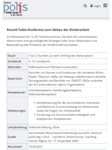 Tabelle mit Übersicht zu Methoden, Materialien und Zielen der Bildungseinheit.