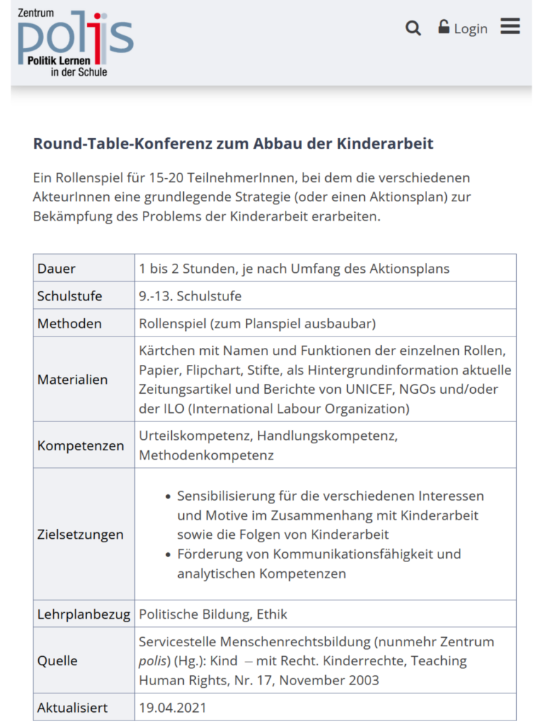 Tabelle mit Übersicht zu Methoden, Materialien und Zielen der Bildungseinheit.