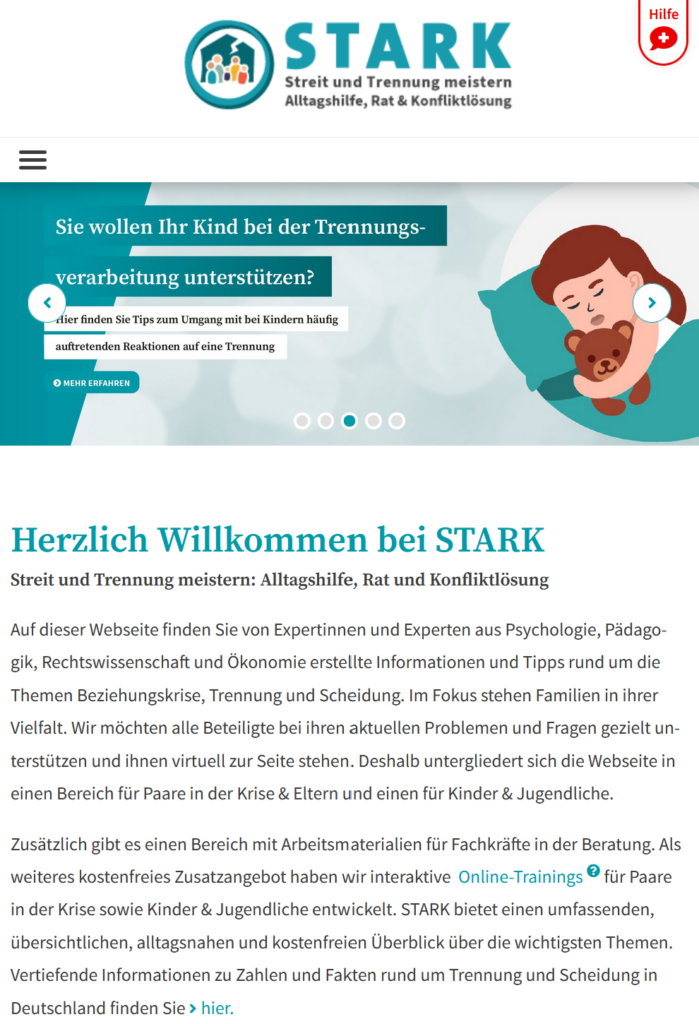 Eine Website mit dem Namen Stark und dem Bild von einem Kind mit einem Teddybär.