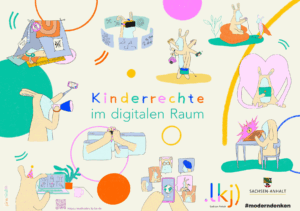 Ein verkleideter Hase ist mit Smartphone, Kamera und Laptop in der Onlinewelt.