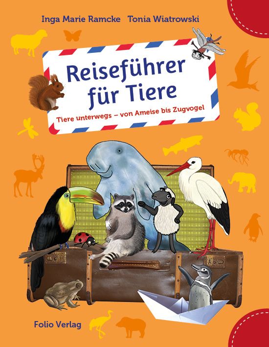 Tiere wie Marienkäfer, Storch, Dugong, und Waschbär sind in einem Reisekoffer.