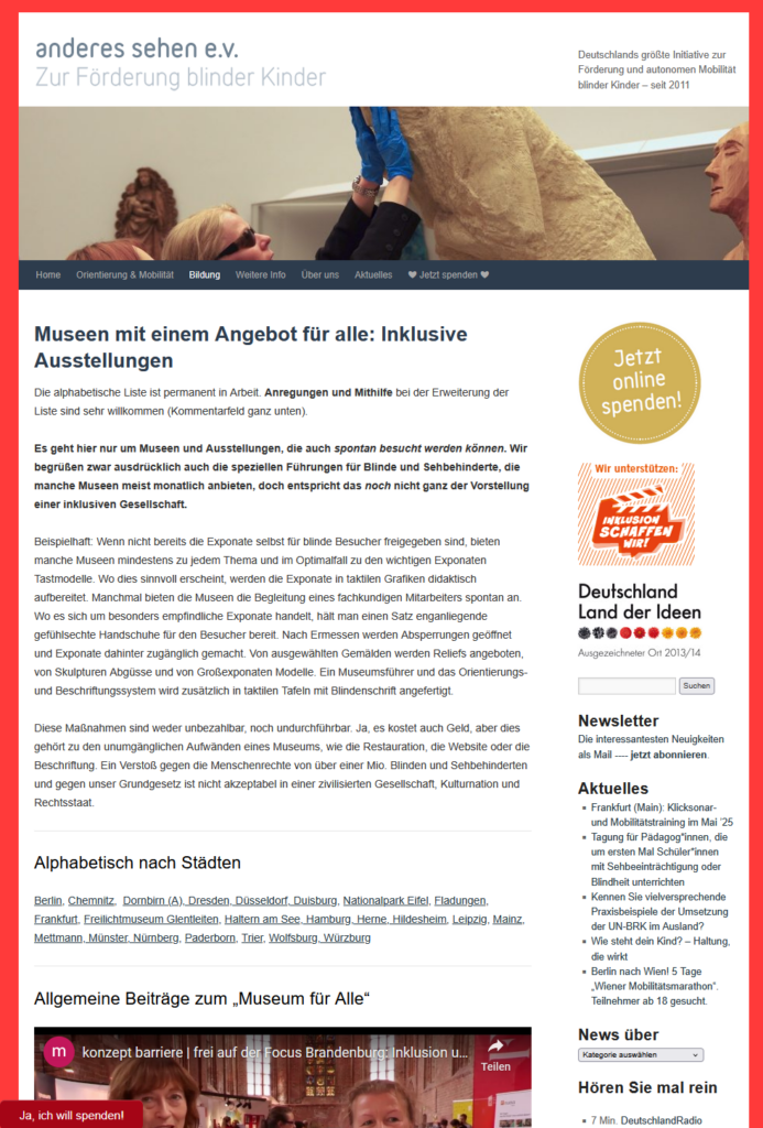 Eine Website mit einem Artikel über Ausstellungen für sehbehinderte Menschen.