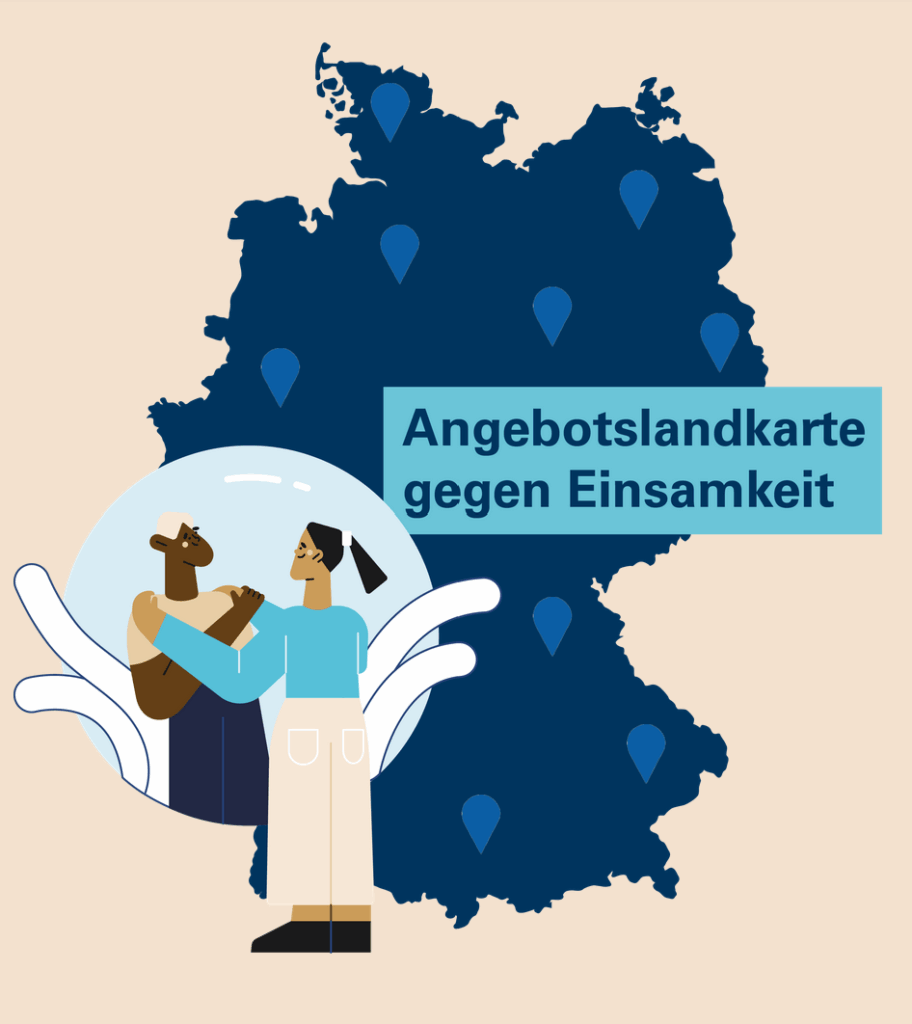 Zwei Menschen, die vor einer Deutschlandkarte gegen Einsamkeit stehen, umarmen sich.