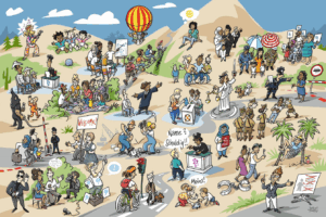 Ein Wimmelbild, auf dem alle Menschenrechte gezeigt werden.