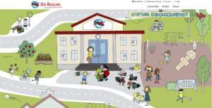 Eine Grundschule, vor der Kinder und Tiere spielen.