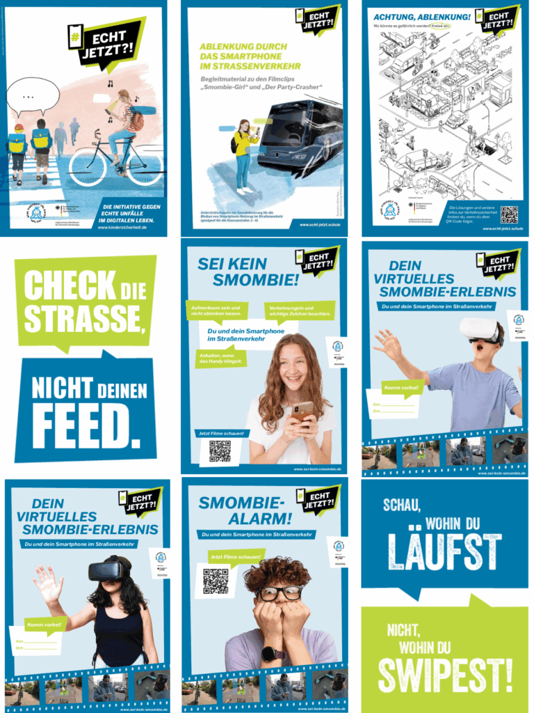 Poster mit jungen Menschen, die im Straßenverkehr auf ihr Smartphone schauen.