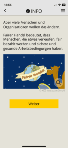 Ein Kamel schaut auf die Erde mit dem Banner Fairer Handel.