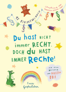 Eine Wimpelkette mit Kinderrechten, einem Dino und einem Teddy.