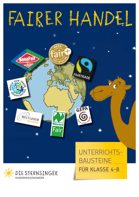 Ein Kamel schaut auf die Erde, an der verschiedene Label für Fairen Handel kleben