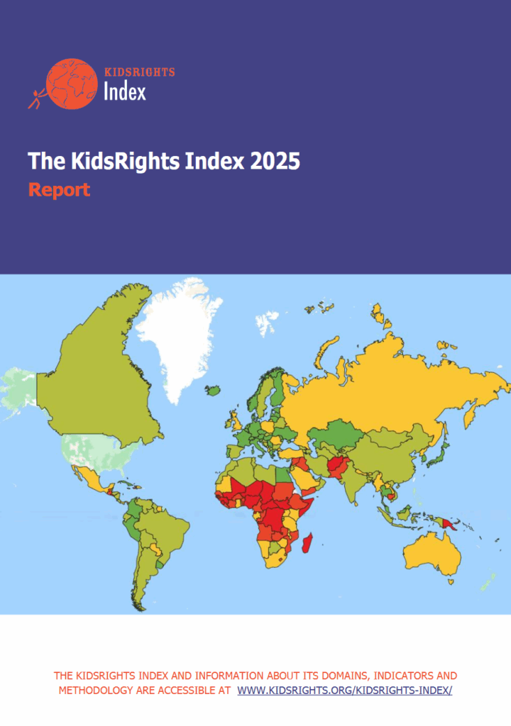 A world map on which areas are marked red, green and yellow, depending on how well children's rights are implemented.