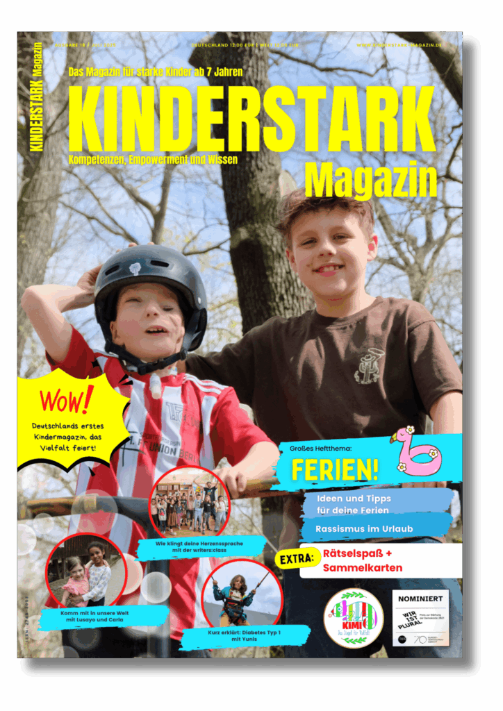 Magazincoverseite mit zwei Kindern, die mit Rollern unterwegs sind.