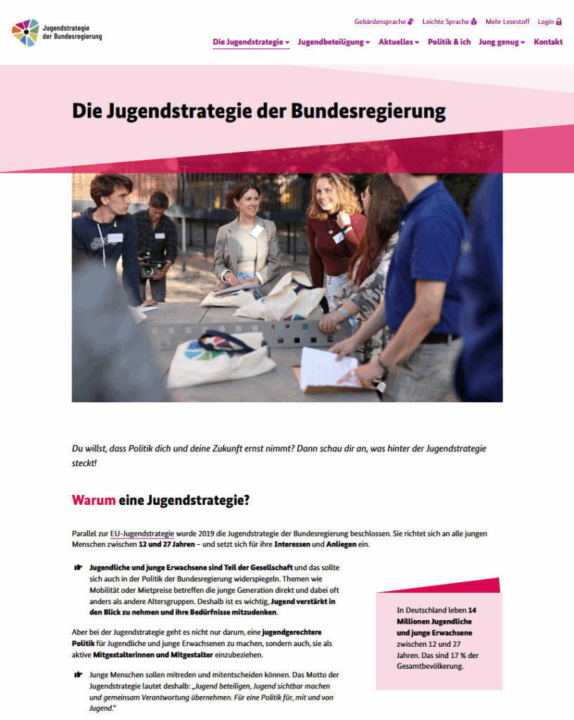 Website-Screenshot mit einem Foto von jungen Menschen in einer Diskussion.