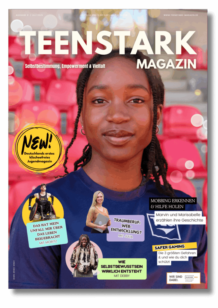 Magazincoverseite mit einer Jugendlichen und Teasern von verschiedenen Artikeln.