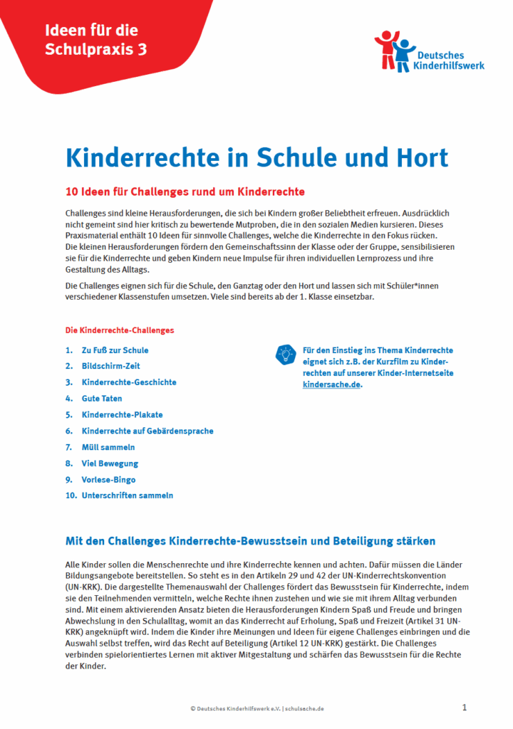 Coverseite von Arbeitsmaterialien zu Kinderrechten