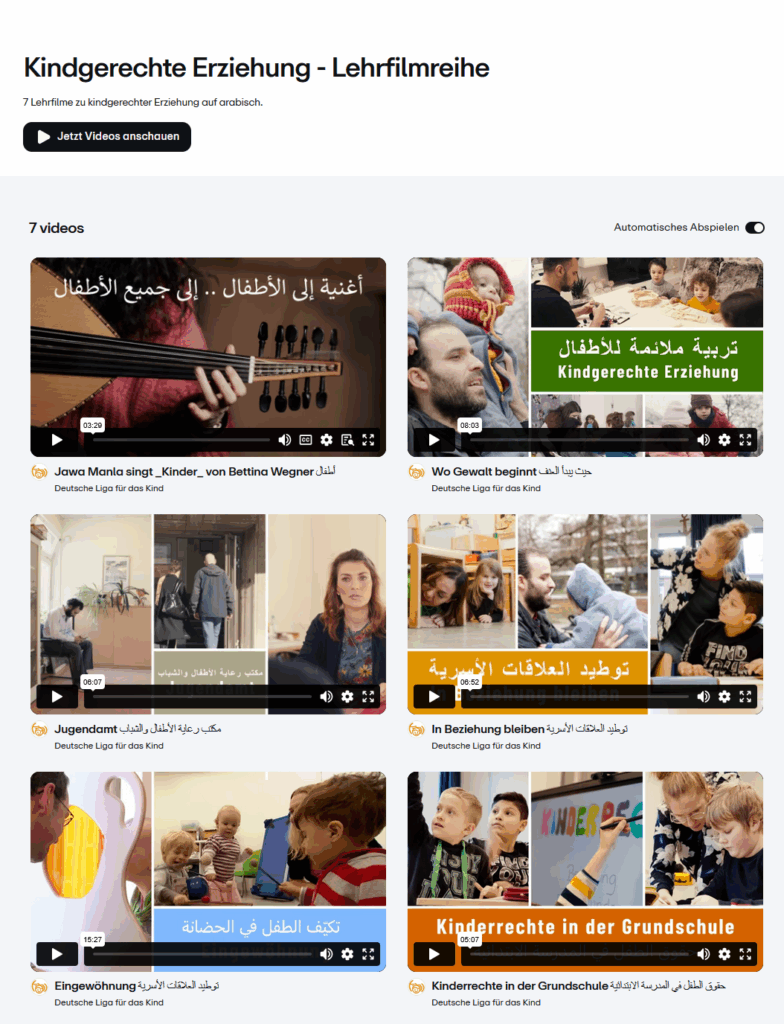 Website mit Videos zu kindgerechter Erziehung auf Arabisch.