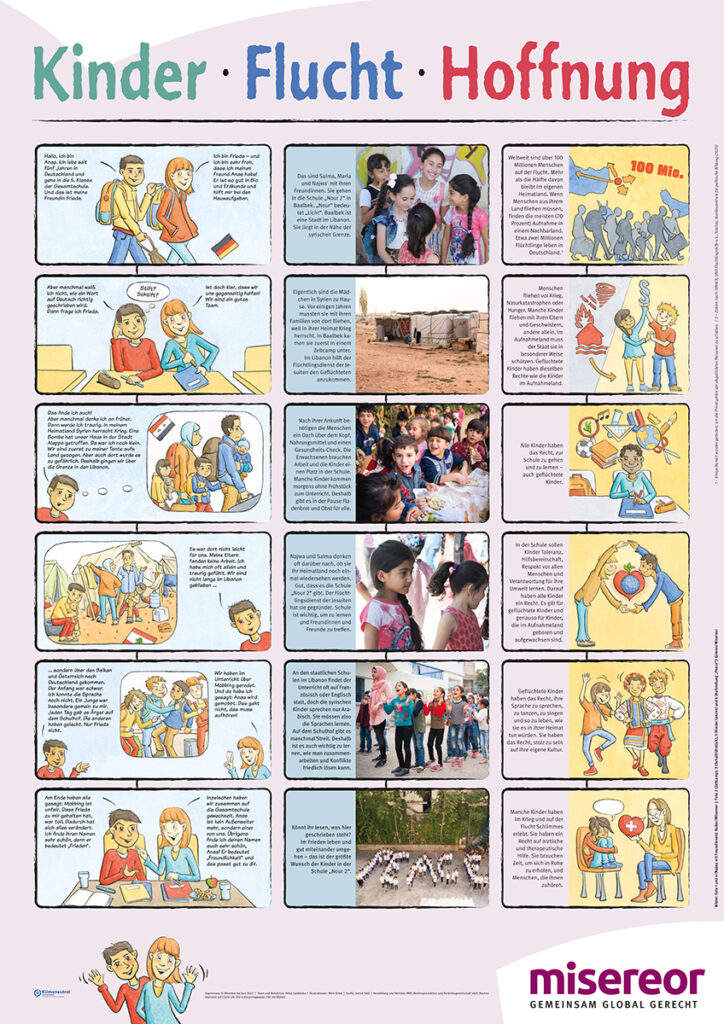 Auf dem Plakat werden die Geschichten von Kindern erzählt, die fliehen mussten.