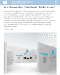 © Servicestelle Freiedensbildung Baden-Württemberg Screenshot einer Website mit einer virtuell begehbaren Ausstellung