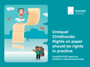 A child writes something on a piece of paper, parts of which are cut off.