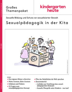© kindergarten heute; Umschlaggestaltung: Röser Media, Karlsruhe / Cartoon: Renate Alf www.renatealf.com Eine Gruppe von Kindern schaut gespannt auf ein Buch mit dem Titel "Woher kommen die Babys?".