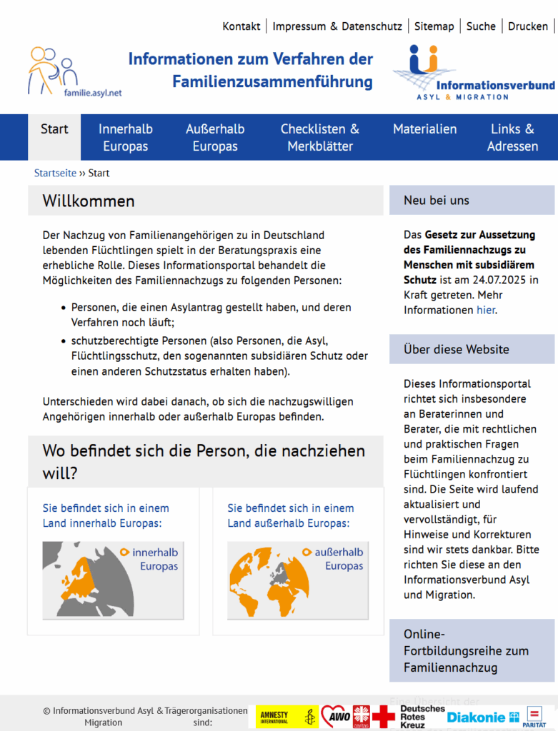 Screenshot mit Informationen zur Familienzusammenführung in Deutschland