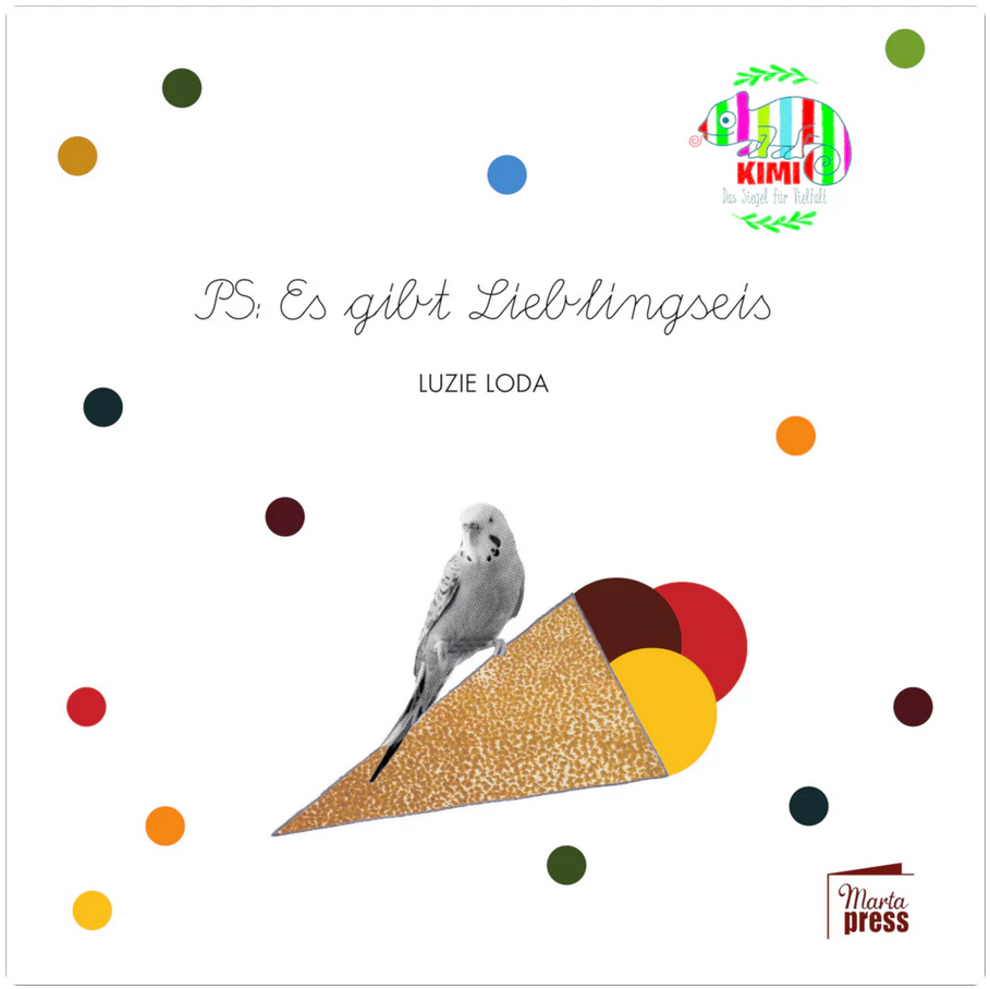 Ein Buchcover mit einer Eistüte, auf der ein Wellensittisch sitzt.