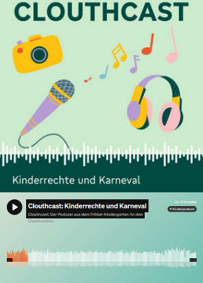 Fotoapparat, ein Mikrofon, aus dem Noten kommen und bunte Kopfhörer.