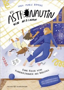 Ein junger Mensch und eine Astronautin fliegen aus dem Kinderzimmer ins Weltall.