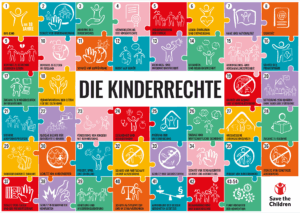Ein Poster, auf dem die einzelnen Kinderrechte auf Puzzleteilen dargestellt sind.
