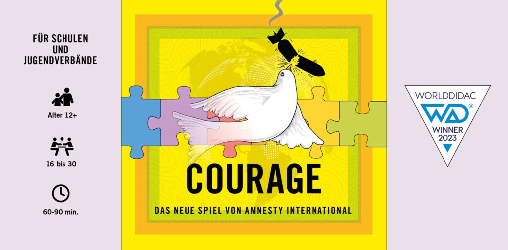 Eine Friedenstaube pickt eine Rakete kaputt.