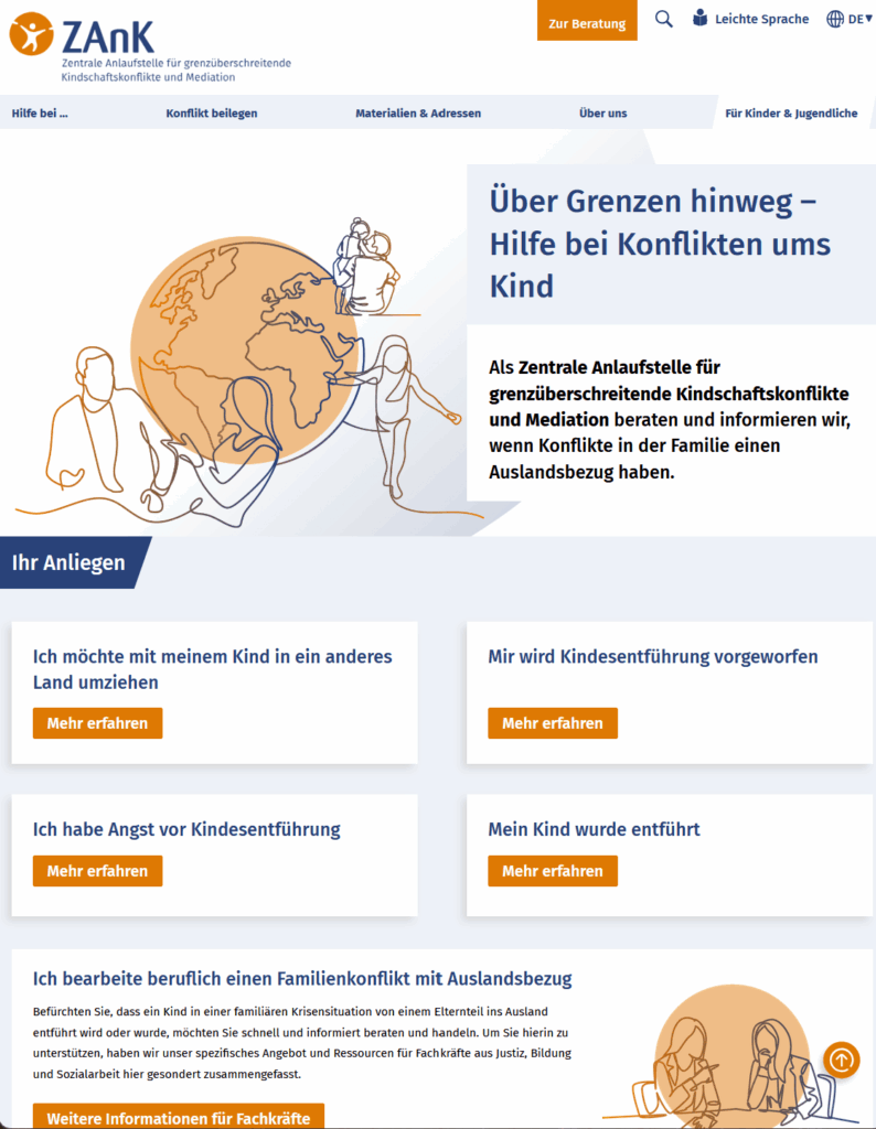 Screenshot mit Bildern von Elternteilen mit ihrem Kind und einem Globus.