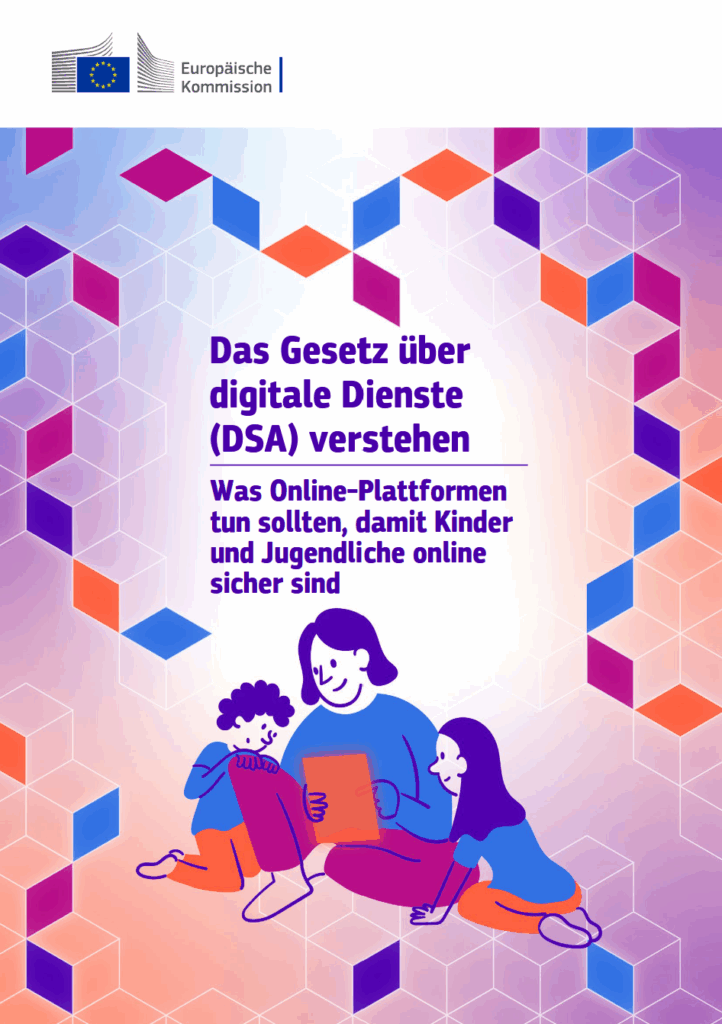 Eine erwachsene Person schaut mit zwei jungen Menschen auf ein Tablet.