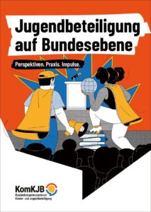 © Bundeskompetenzzentrum Kinder- und Jugendbeteiligung der Stiftung SPI; Illustration: Jonathan Hoffboll Junge Menschen betreten als Superhelden mit Megafon und Umhang die Bühne.