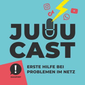 © JUUUPORT e.V. Ein Podcastcover mit Mikrofon und Icons Sozialer Netzwerke wie Youtube, Whatsapp und Tik Tok.