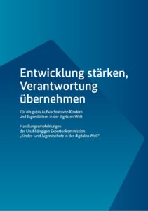 © Unabhängige Expertenkommission „Kinder- und Jugendschutz in der digitalen Welt“ Cover der Empfehlungen mit blauen Übergängen.