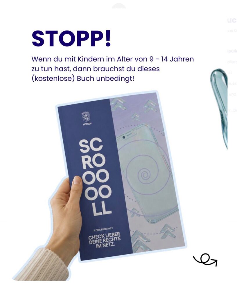Eine Hand hält das Heft Scroooooll - Check lieber deine Rechte im Netz hoch.