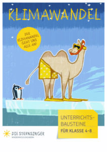 © Kindermissionswerk ‚Die Sternsinger‘ Eine Giraffe steht mit Badehose und Schnorchel auf einer Eisscholle.