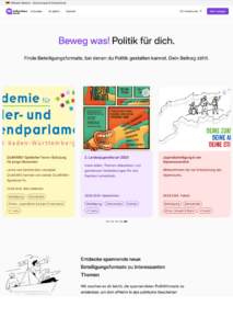 Screenshot der Webseite mit Beteiligungsangeboten für junge Menschen.