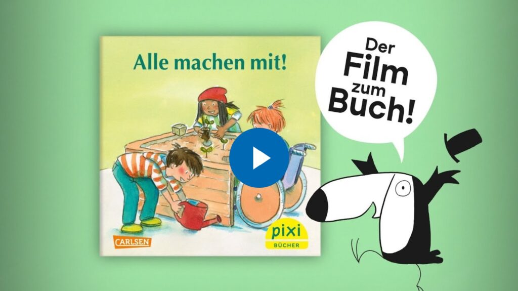 Ein Pixi-Buch auf dem Kinder an einem Hochbeet arbeiten und ein Tukan mit Zylinder ruft "Der Film zum Buch!"